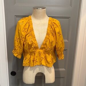 Free People Mustard Yellow Eyelet V-Neck crop top